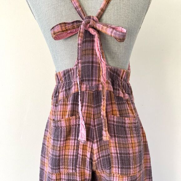 Free People x CP Shades Pink, Purple, Orange Plaid Overall Flare Wide Leg Sz S - Picture 8 of 13